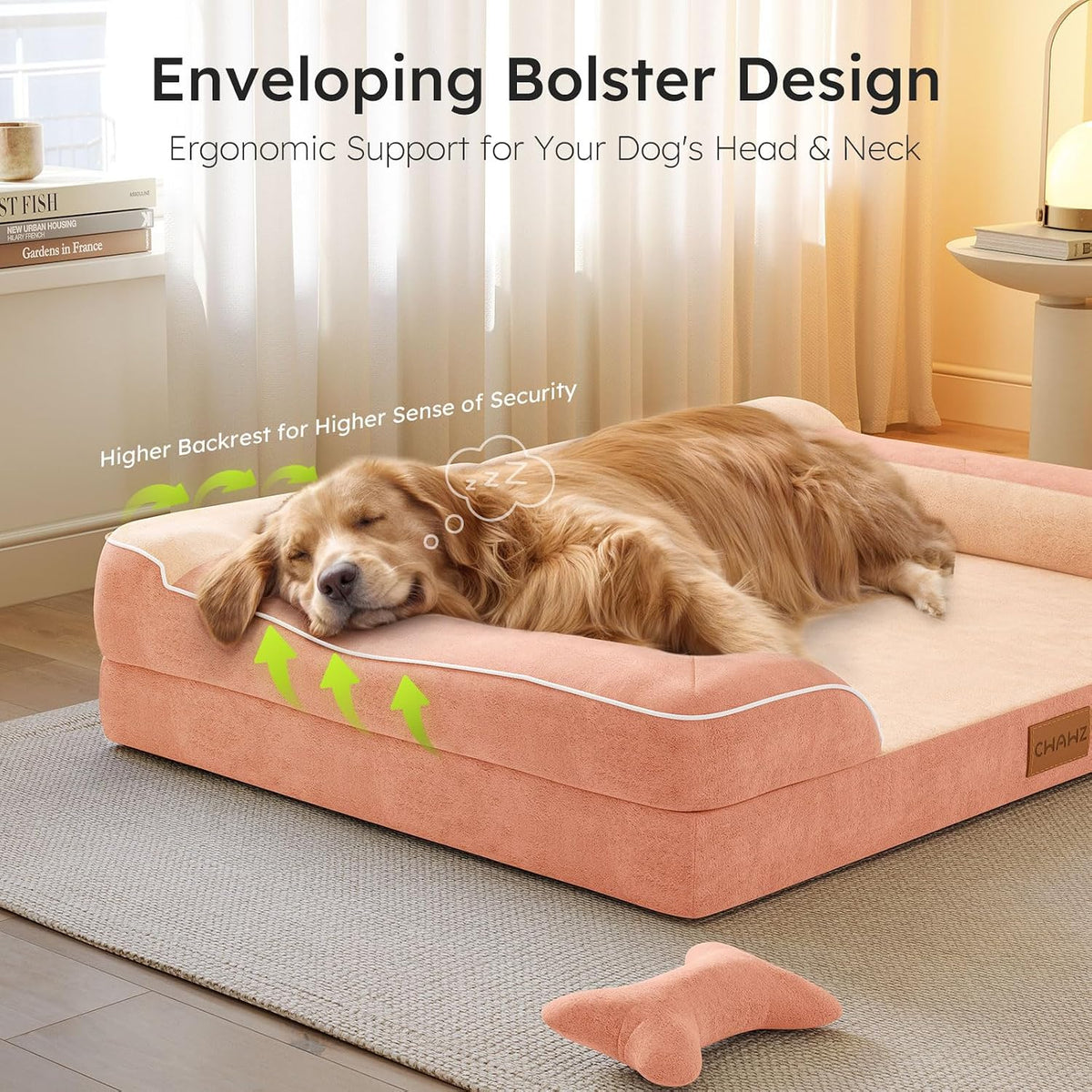 CWAWZ Dog Beds for Large Dogs, Orthopedic Dog Bed with Cooling Gel Memory Foam, Waterproof Large Pet Bed with Removable Washable Cover, 36" Pet Sofa Couch Dutch Velvet with Bone Toy, Peach Pink