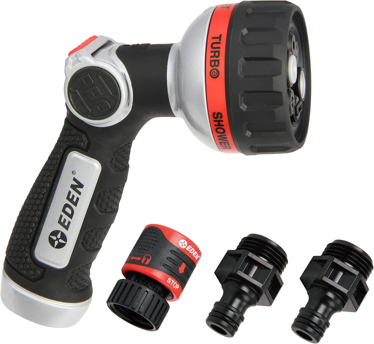 Eden Metal 6-Pattern Hose Nozzle: Thumb Operated, Heavy-Duty Aluminum Core