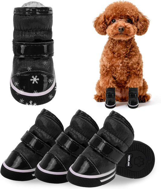 Fleece Dog Shoes for Winter, PU Dog Snow Boots & Paw Protectors