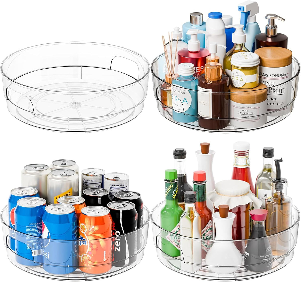 Yieach 4 Pack 12" W Clear Acrylic Lazy Susan Turntable for Cabinet,Refrigerator,Pantry and Kitchen - with Handle - Large Fridge Sauce Condiment Turn Table Organizer,Spinning round Spice Rack Carousel