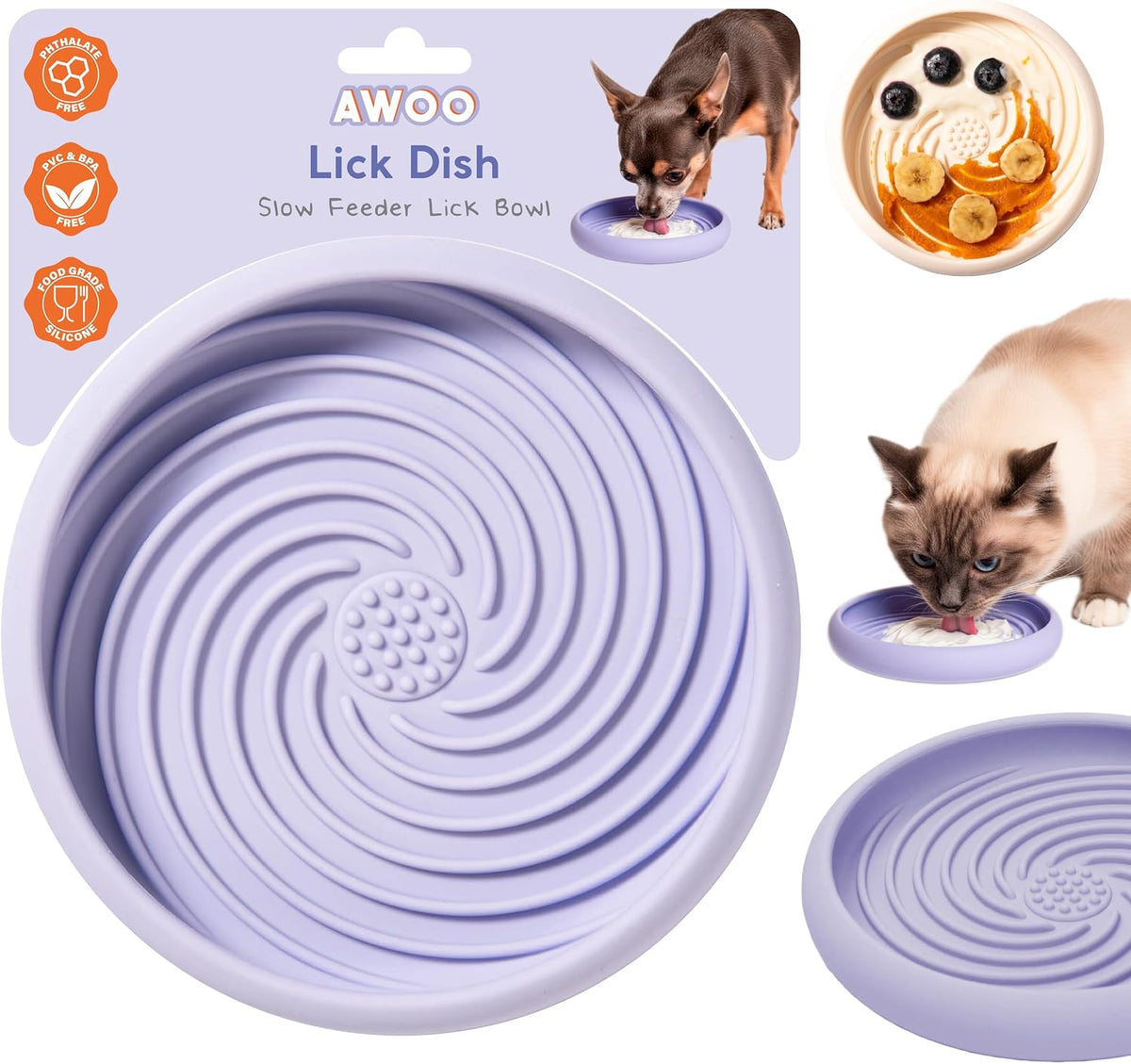 Lick Dish - Silicone Lick Mat + Slow Feeder for Cats & Small Dogs (Purple)