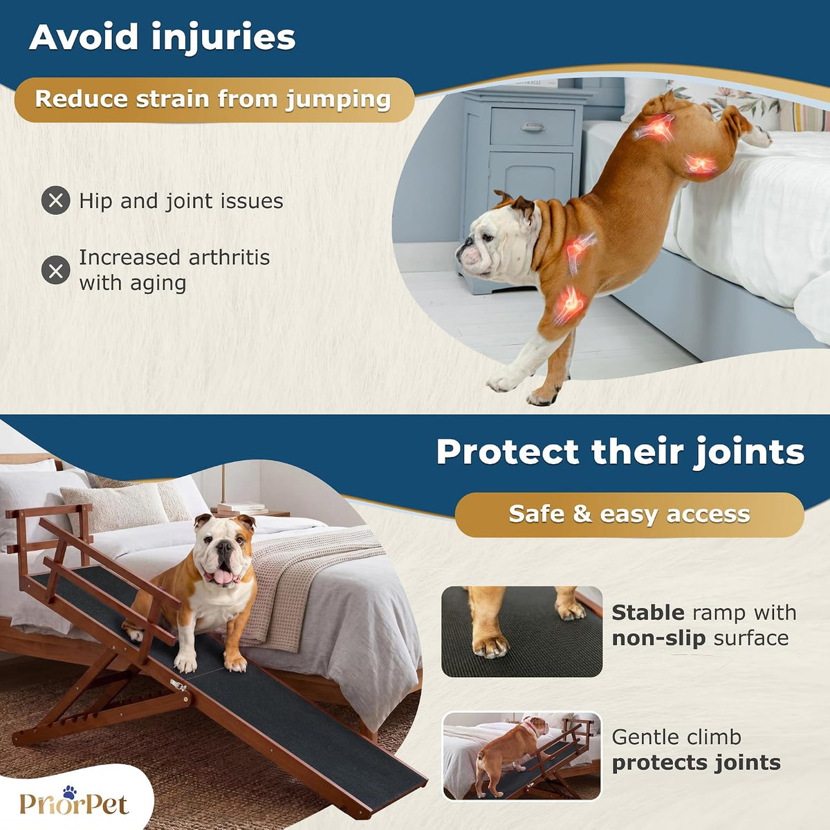 Dog Ramp for Bed - PRIORPET Birchwood Adjustable Ramp for Dogs to Get on Bed: Dog Ramps for High Beds up to 37 Inches – Foldable Ramp, Anti-Slip Grip & Safety Rails, Small Dogs up to 120Lbs – Walnut