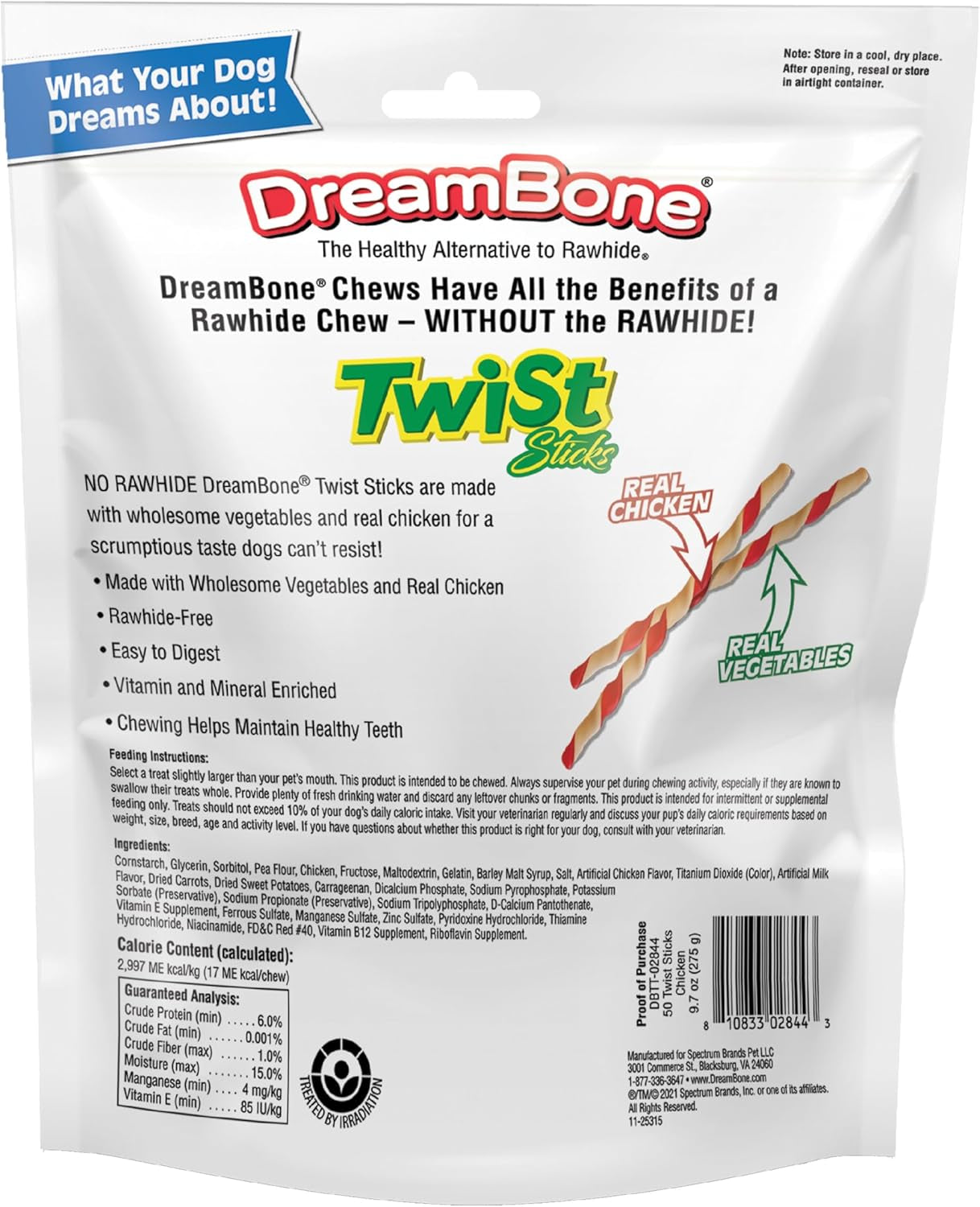 Dreambone Twist Sticks Chews for Dogs, Treat Your Dog to Easy-To-Digest Rawhide-Free Chews Made with Real Vegetables and Chicken, 50 Count