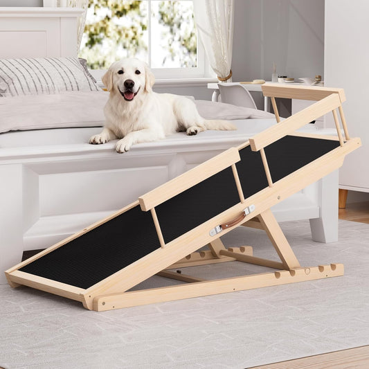 Dog Ramp for High Bed, Couch, Car, Pet Ramps 55.12" Long Adjustable 19.3"-27.17" Wooden Dog Step with Anti-Slip Rubber Mat & Safety Side Rails for Small Medium Large Older Pets, up to 250 Lbs