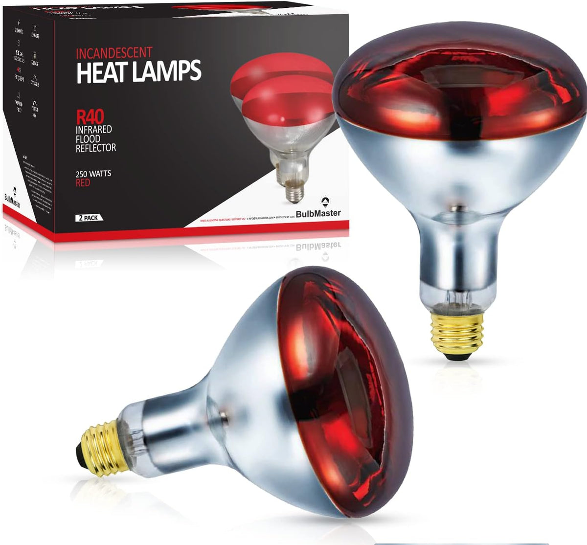 250 Watts R40 Red Heat Lamp Bulbs, 2 Pack
