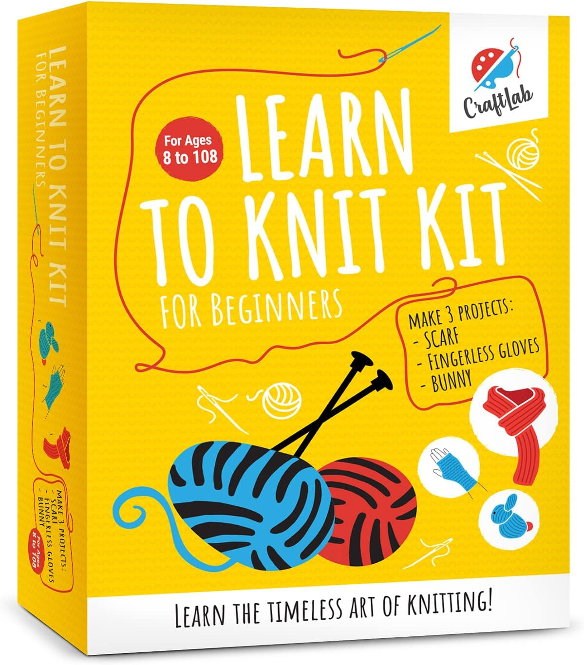 Craftlab Knitting Kit - Beginner Knitting Supplies with Wool Yarn, Needles, Instructions, DIY Gift