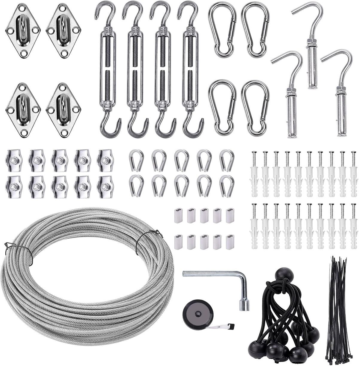 Unicaravan Shade Sail Hardware Kit 6 Inch with 65.5FT 1/8" Wire Rope Kit for Triangle Rectangle Sun Shade Sail Outdoor Installation Turnbuckles for Cables Wire for Outdoor,Garden,Kitchen,Craft,123Pcs