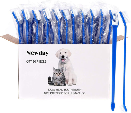 Newday 50 Pieces Double-Headed Dog Cat Pet Toothbrush, Super Soft Bristles Oral Care Teeth, Pet Tooth Brush for Dogs, Dog Toothbrushes in Bulk Individual Polybag (Blue)