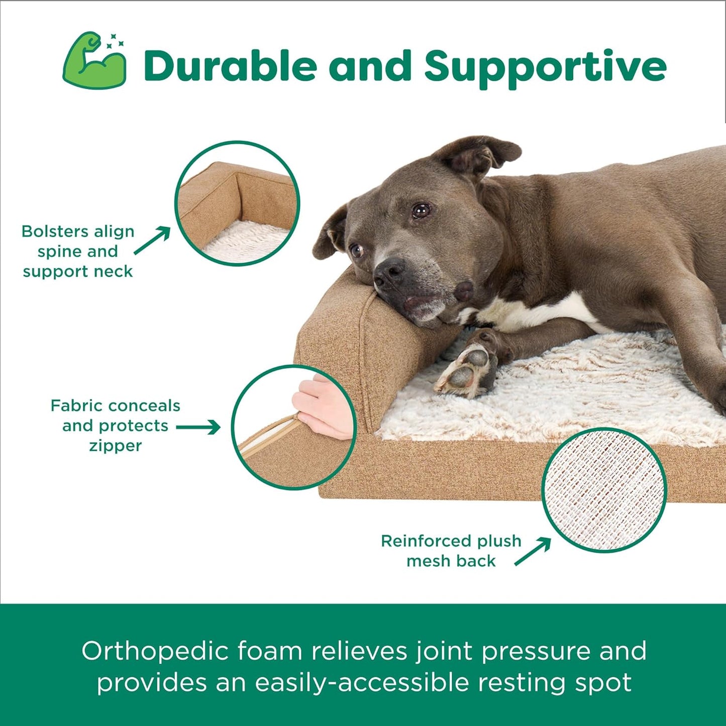 Furhaven Birch Faux Fur & Soft Faux Linen Modern Orthopedic Sofa Pet Bed, Nutmeg, Jumbo