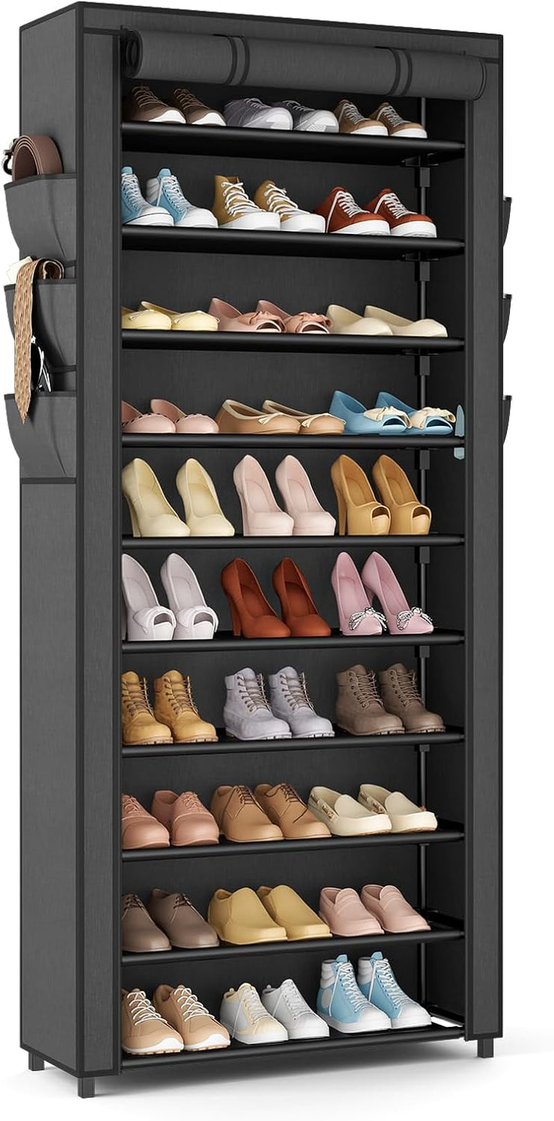 VTRIN 10 Tier Shoe Rack with Cover,Narrow Shoe Shelf,24.8" Wide,Black