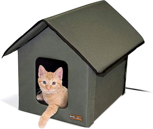K&H Heated Cat House, Outdoor Kitty Shelter, Safety Listed, 20W, Olive