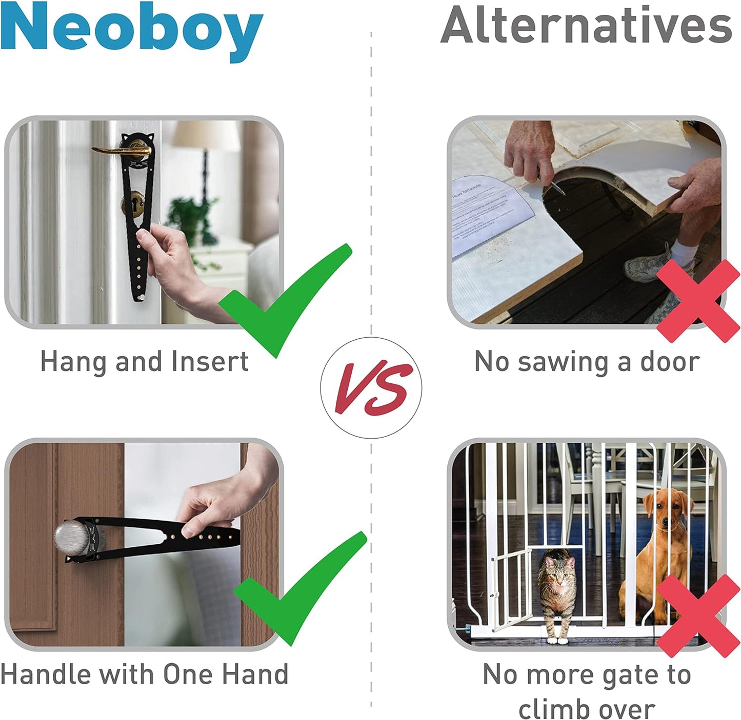 Neobay Cat Door Latch with Stabilizer, 7 Sizes Adjustable Cat Door Holder Latch, Keeps Dog Out of Litter Box, No-Drill Alternative to Pet Gates & Interior Cat Door, Black, 2 Packs