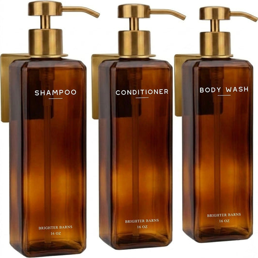 Luxury Shampoo and Conditioner Dispenser Set Wall Mounted by Brighter Barns - Shower Soap Dispensers with Drill-Free Wall Mounts - 16Oz Refillable Shampoo Bottles for Home, Guest Bathroom (Amber Gold)