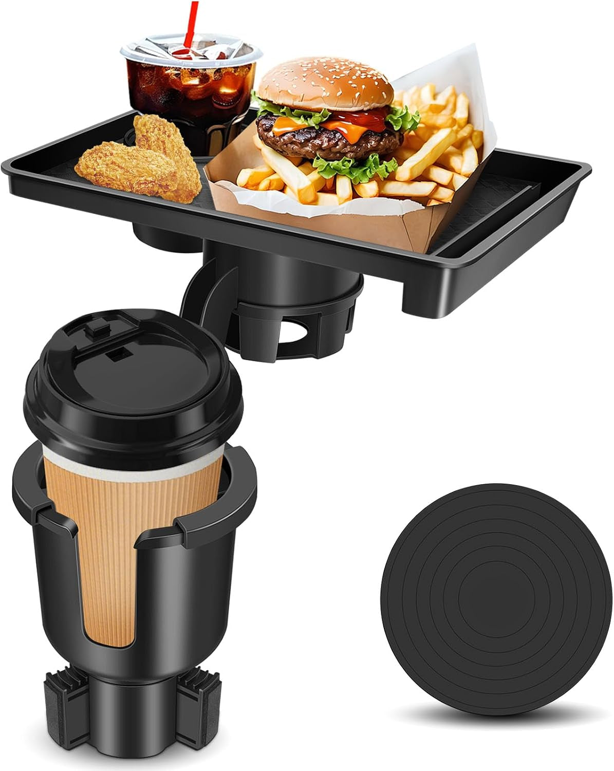 Jpart Car Cup Holder Tray, Cup Holder Expander, 2 in 1 Detachable Car Food Tray with 360°Rotation Tray for Eating, Storage and Travel Road Essentials, Black
