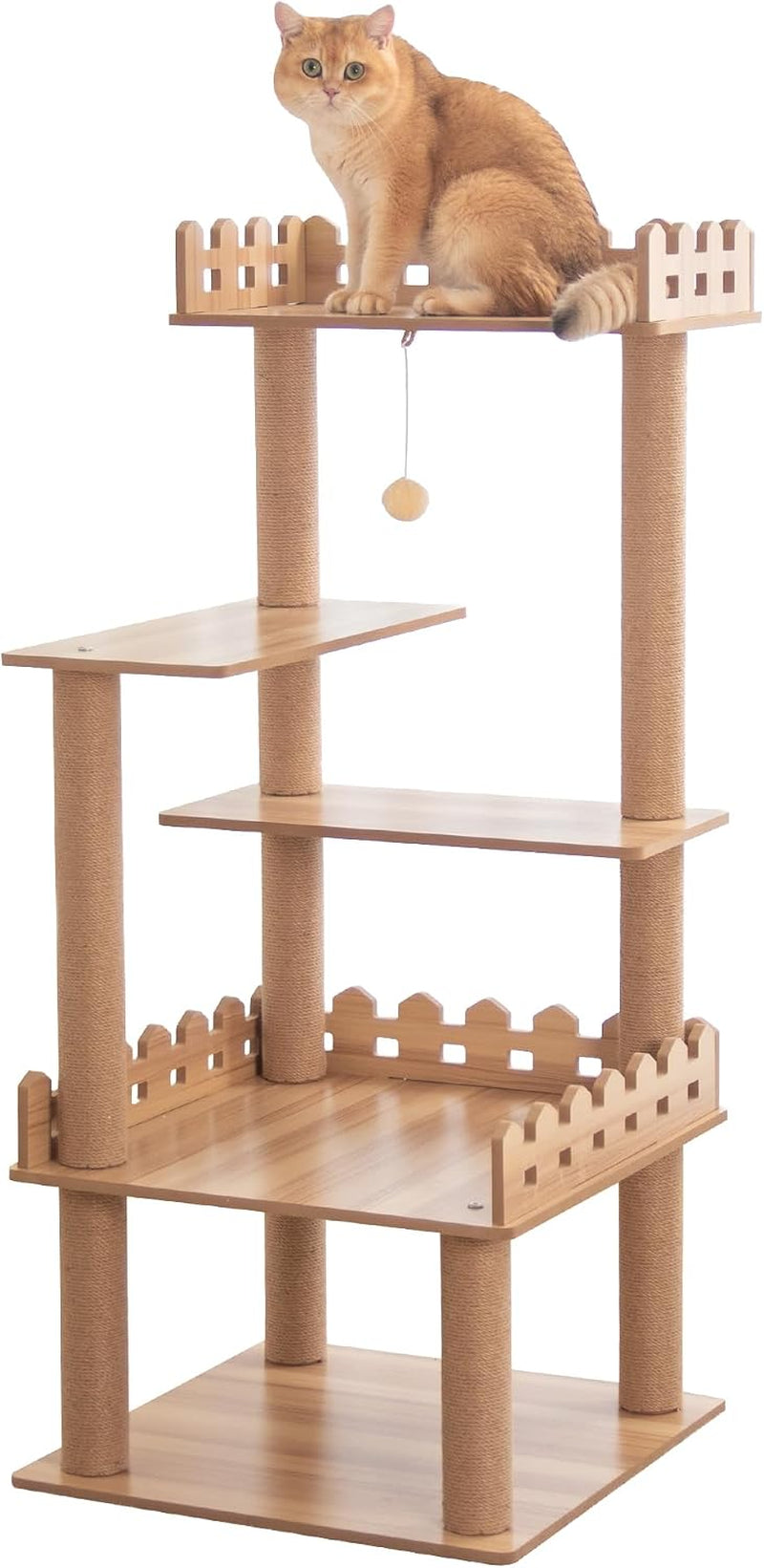 Wood Cat Tree for Indoor Cats, 49 Inch Cats Furniture Tower with Large Platforms, Full Sisal Scratching Posts, Water Proof Surface