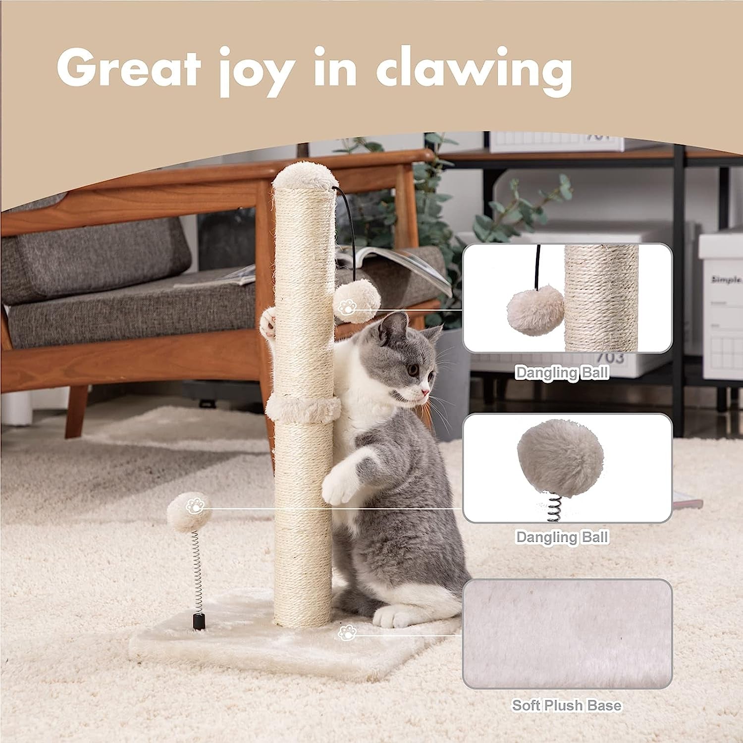 MECOOL Cat Scratching Post Premium Basics Kitten Scratcher Sisal Scratch Posts with Hanging Ball 22In for Kittens or Smaller Cats (22 Inches for Kitten, Beige)