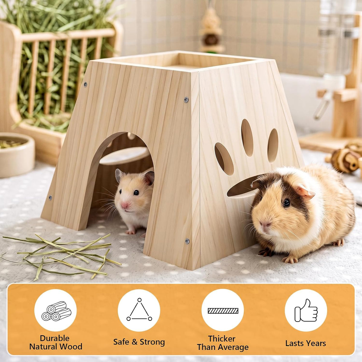Xiaz Guinea Pig Hideout,Cute Guinea Pig House,Sturdy Small Animal House with Large Front Cave, Side Ventilation Holes, Thick Durable Wood,Habitat Hideout for Dwarf Rabbit, Hamster, Chinchilla