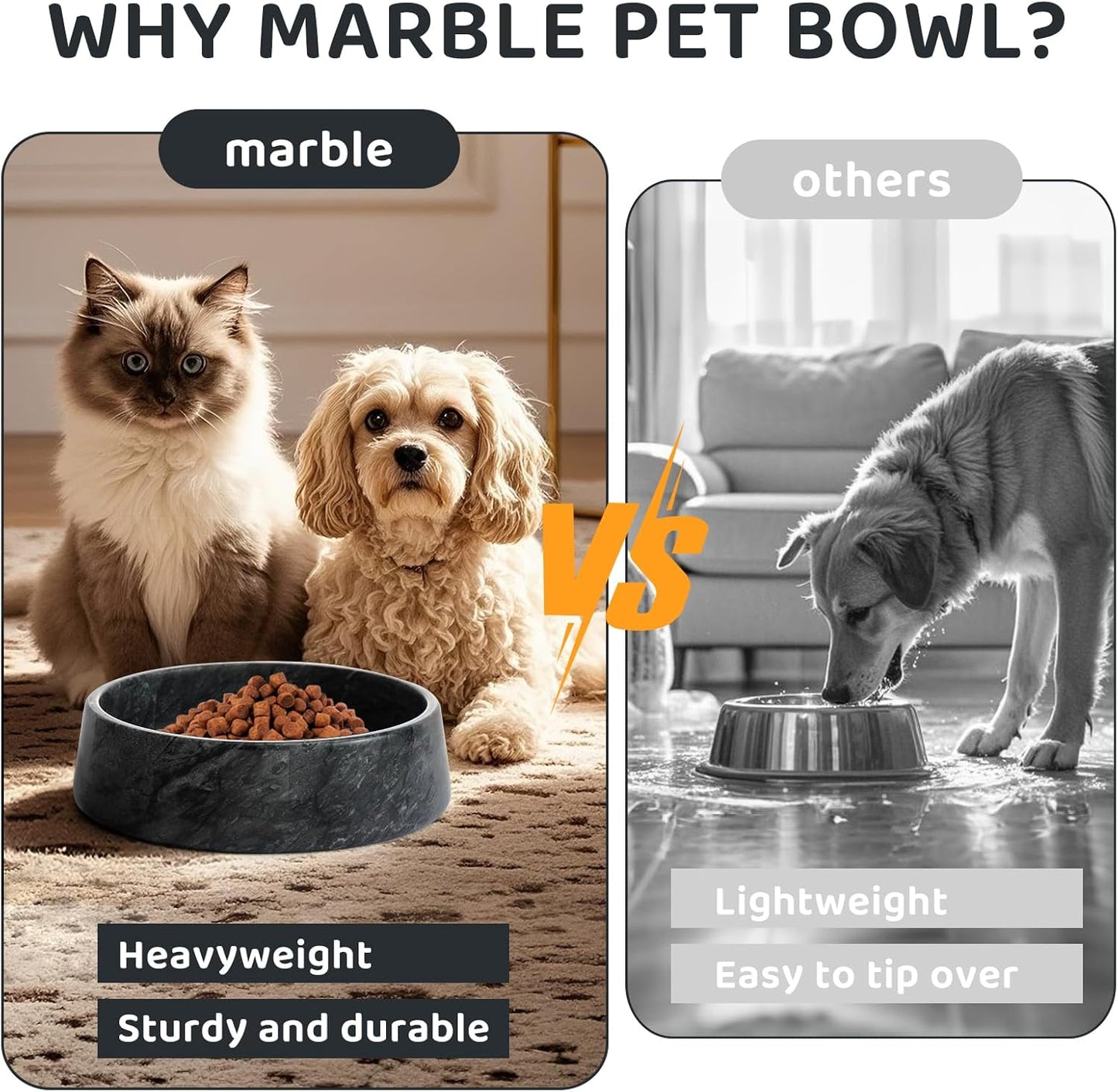 SAMAH Black Marble Dog Bowl, Non-Slip Non-Tipping Heavy Dog Food Bowl, Large Weighted Stone Dish, Natural Marble Pet Water Bowl, Easy to Clean, Present for Cat & Dog Lovers, Holds 6 Cups(6 Lbs)