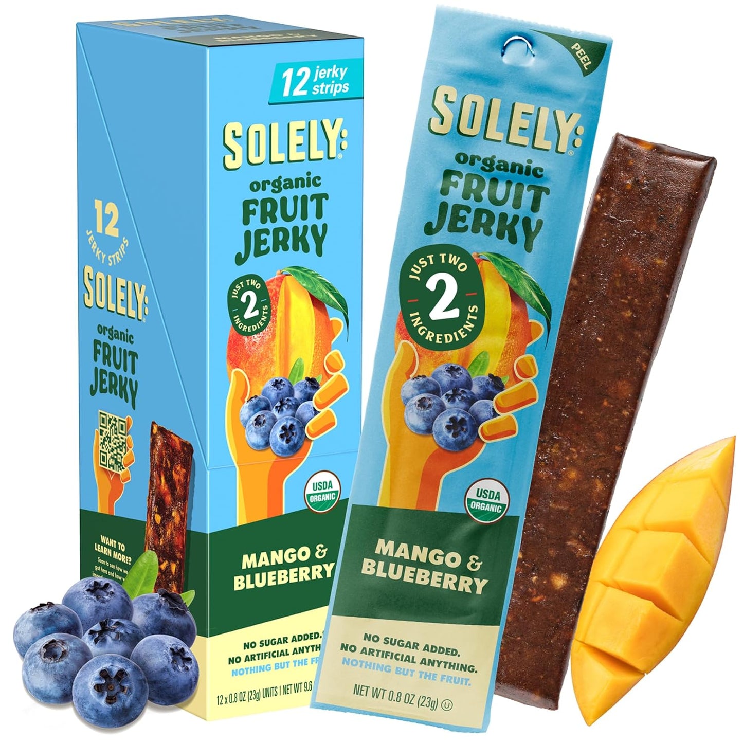 SOLELY - Organic Mango Blueberry Fruit Jerky - 12 Individually Wrapped Strips - Fruit Leather Made from Dried Fruit - Healthy Snacks for Adults & Kids - Non GMO, Vegan Snacks - 0.8Oz (23G)