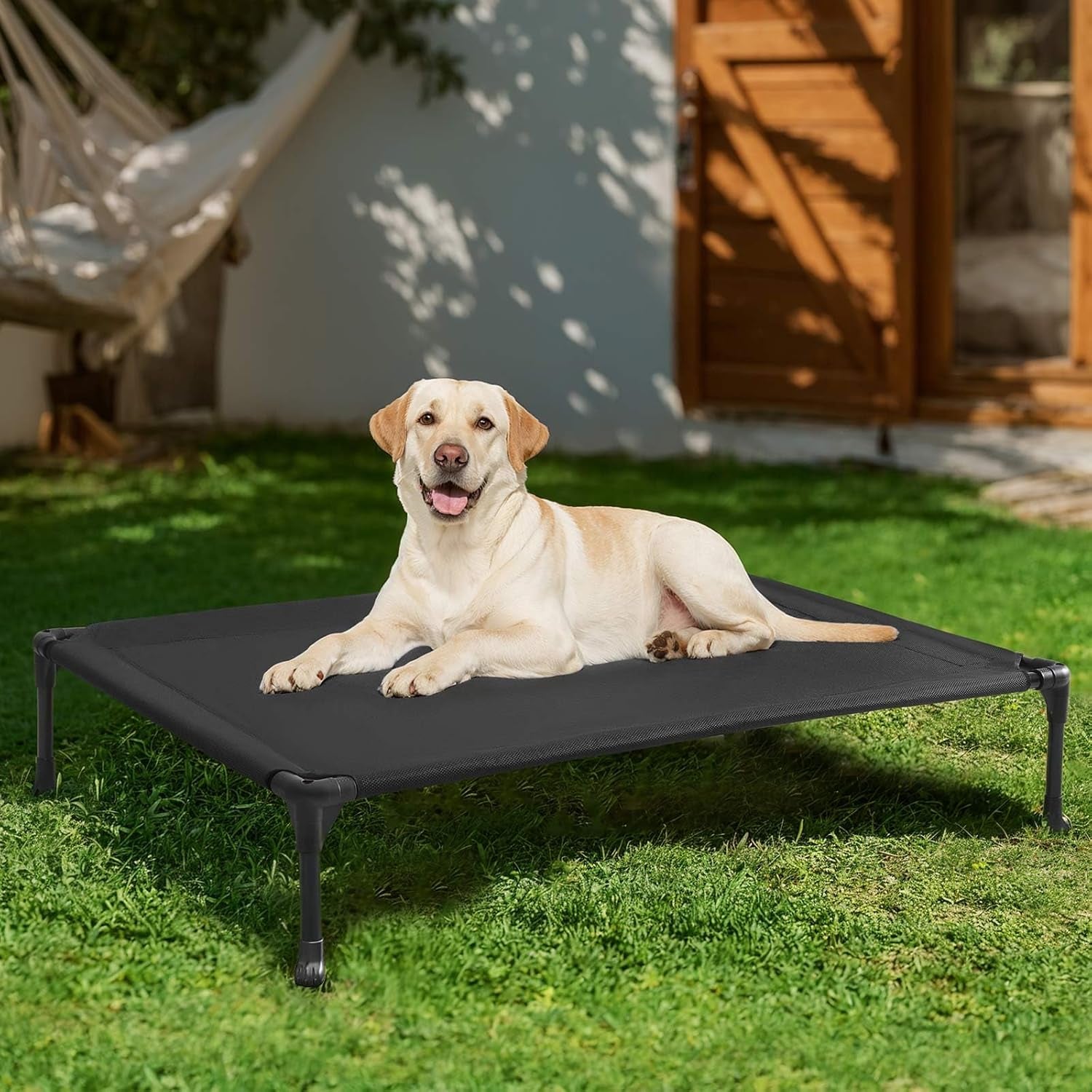 Veehoo Outdoor Elevated Dog Bed Large Sized Dogs, Large Cooling Raised Dog Cots Beds Training Platform off Ground Hammock with Breathable Mesh, No-Slip Feet, 42"X30", Black