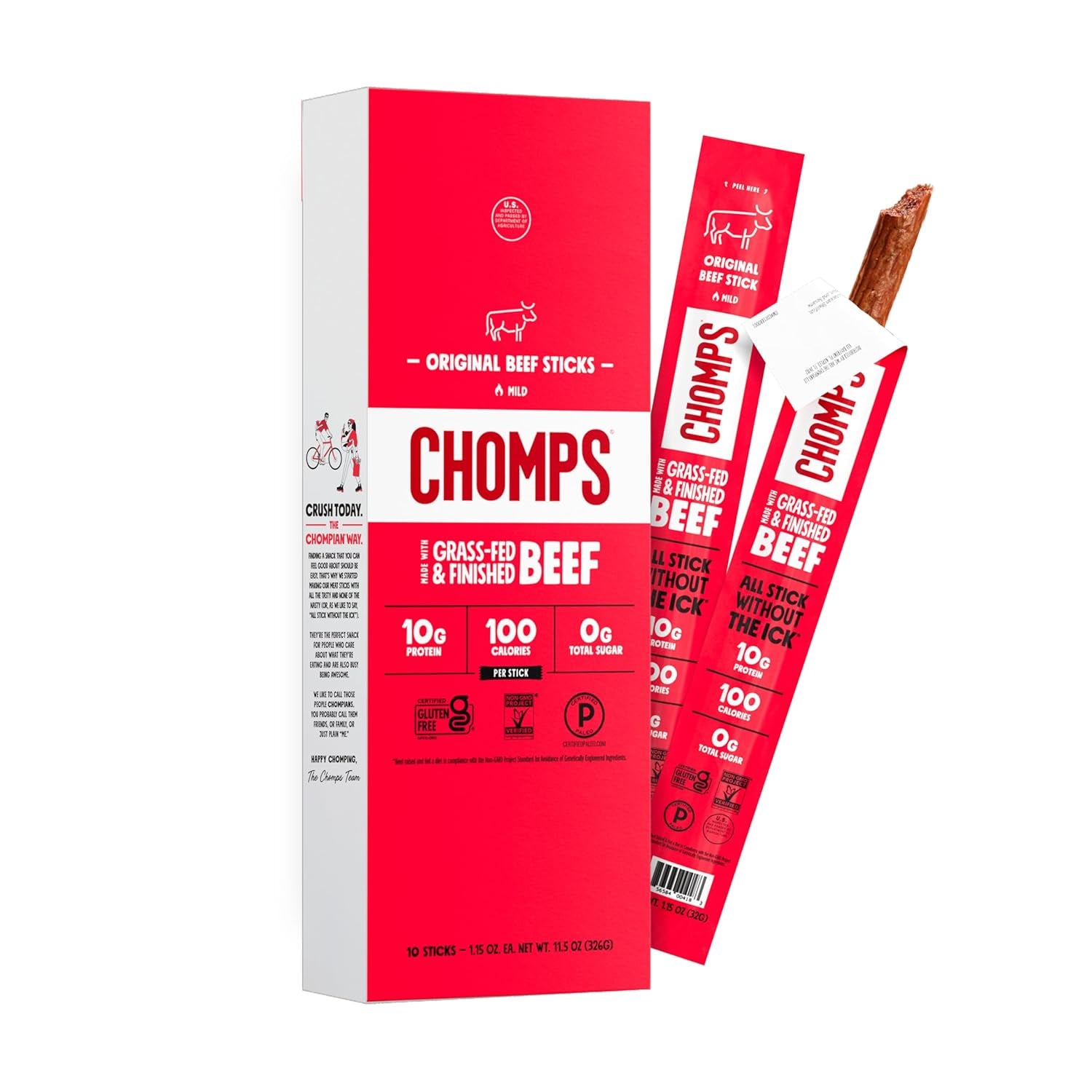 Chomps Grass-Fed and Finished Original Beef Jerky Snack Sticks 10-Pack - Keto, Paleo, Whole30, 10G Lean Meat Protein, Gluten-Free, Zero Sugar Food, Non-Gmo
