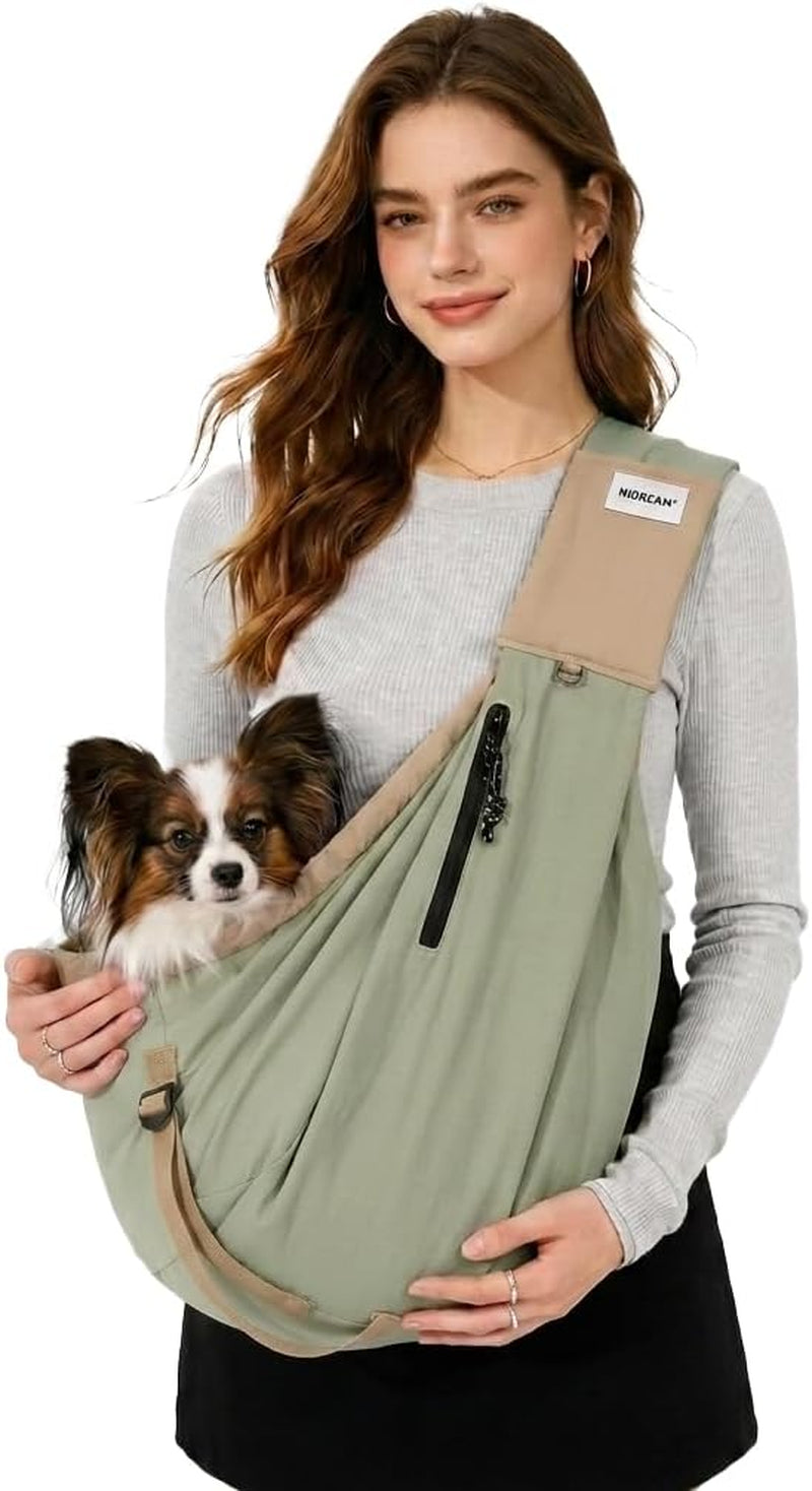 Dog Sling Carrier, Small Dog Carrier Sling for Cats & Puppies 20 Lbs, Dog Carry Bag with Pockets, Light Water-Resistant Nylon, Pet Sling Carrier for Senior Pet Walks, Travel, Crowds, Home(Olive Green)