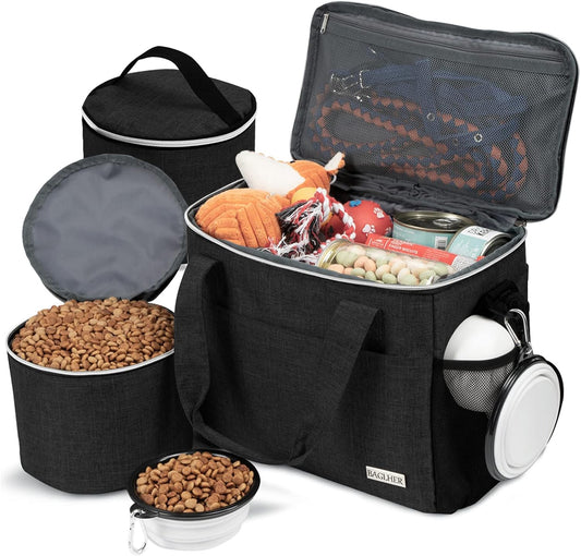 Dog Travel Bag Backpack Pet Supplies Backpack Pet Accessories Storage Bag 5-Piece Set with Shoulder Strap 2 Lined Pet Food Containers 2 Foldable Feeding Bowls Essential Kit for Pet Travel