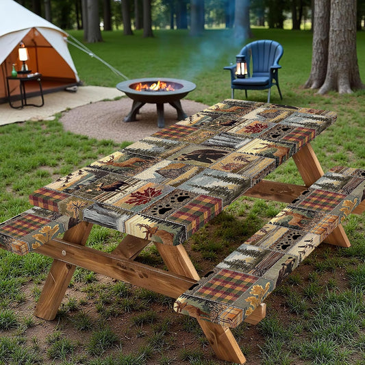 Rectangle Picnic Table Cover with Bench Covers 6FT 3PCS, Camping Essentials,Rectangle Fitted Camping Tablecloth Waterproof with Elastic Edge for Indoor Outdoor Patio, 72In, Brown