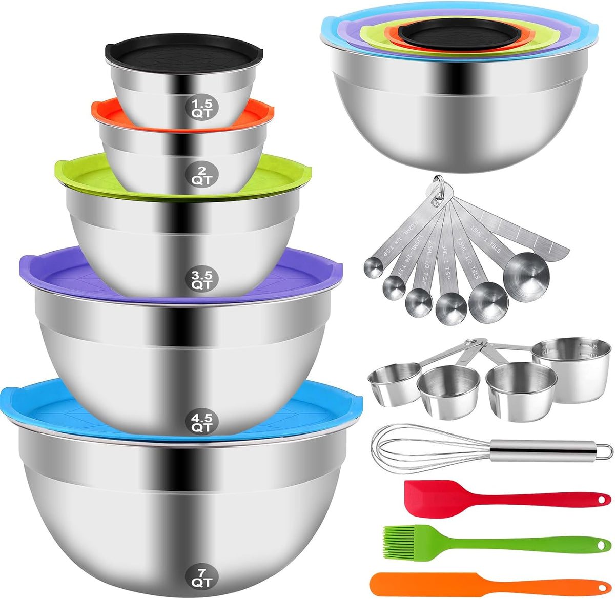 WEPSEN Mixing Bowls with Lid Set, 25PCS Kitchen Utensils Metal Bowl Stainless Steel Nesting Bowls, Measuring Cups and Spoons, Egg Whisk for Baking Prepping Cooking Serving Supplies