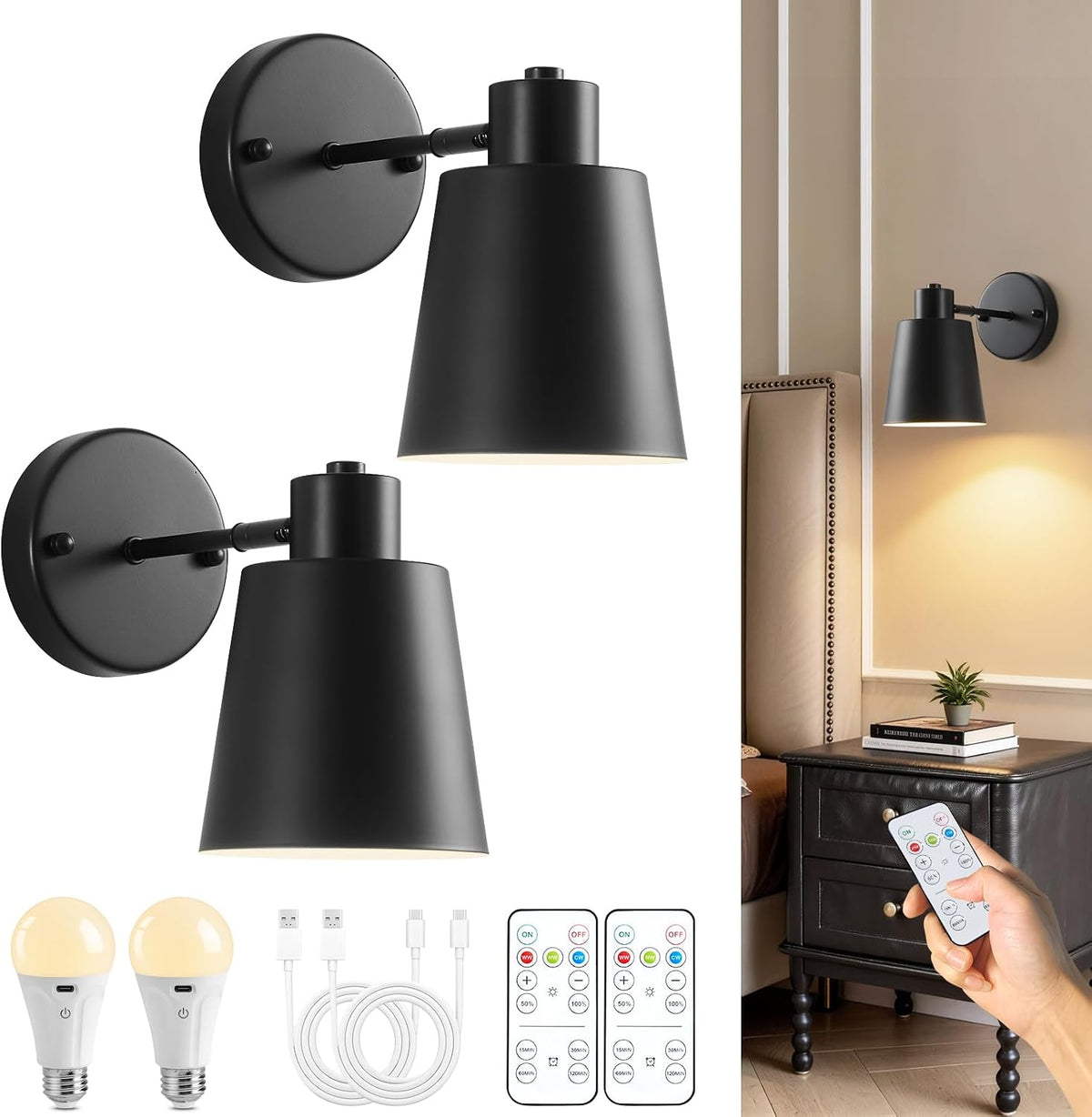 Black Battery Operated Wall Sconces Set of Two with Remote, Rechargeable Sconce Battery Powered Wall Lights, 3 Color Temperature, Dimmable, Modern Wireless Wall Lamps for Bedroom Living Room Hallway