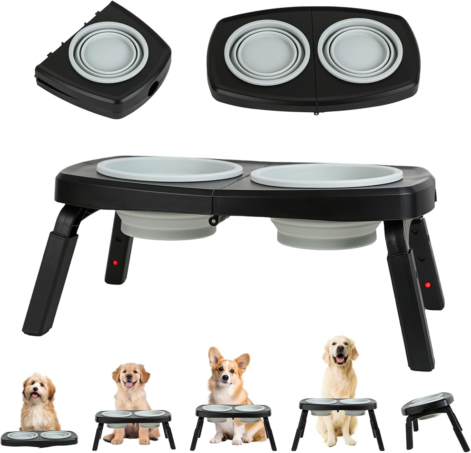 Elevated Dog Bowls Stand, 3 Height Adjustable Raised Dog Bowl with Collapsible Silicone Bowls, Non-Slip Stand for Small, Medium, Large Dogs & Pets