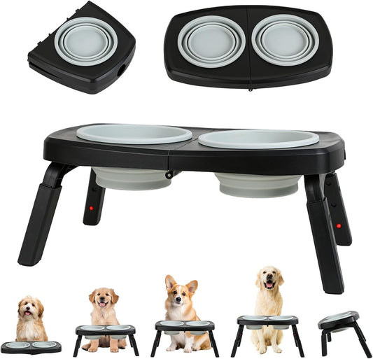 Elevated Dog Bowls Stand, 3 Height Adjustable Raised Dog Bowl with Collapsible Silicone Bowls, Non-Slip Stand for Small, Medium, Large Dogs & Pets