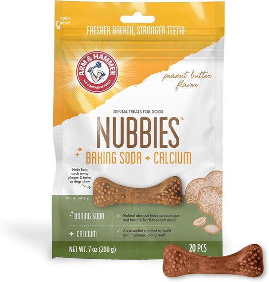 Arm & Hammer for Pets Nubbies Dental Treats Baking Soda Calcium Nubbed Texture Scrubs Plaque Tartar Peanut Butter Flavor Freshens Breath Daily Oral Care 20 Count 7 OZ Single Bag Home Dental Care