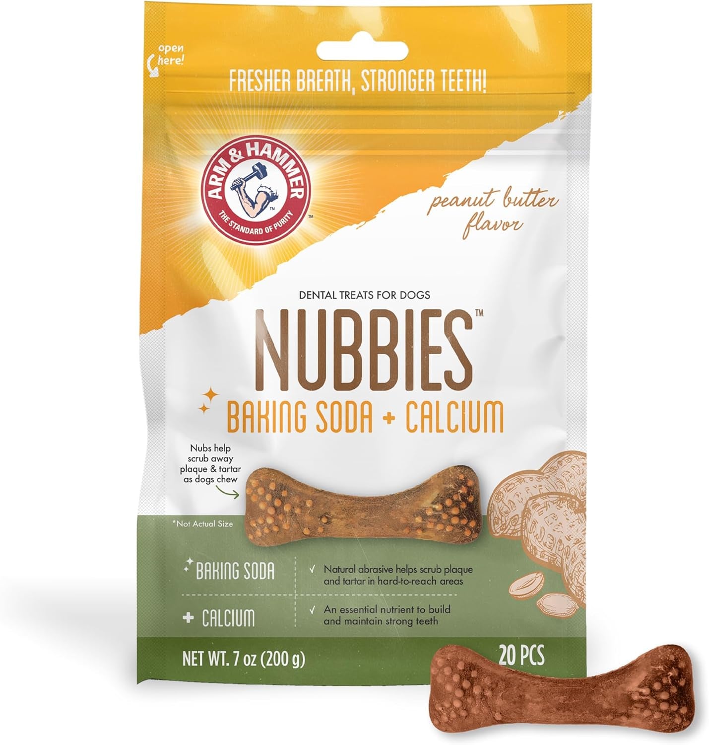 Arm & Hammer for Pets Nubbies Dental Treats Baking Soda Calcium Nubbed Texture Scrubs Plaque Tartar Peanut Butter Flavor Freshens Breath Daily Oral Care 20 Count 7 OZ Single Bag Home Dental Care