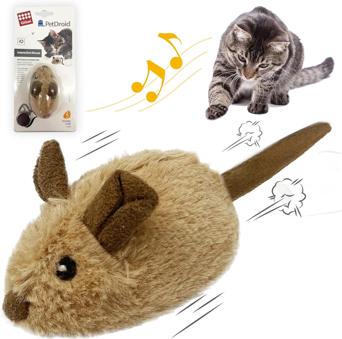 Gigwi Interactive Cat Toy Mouse, Moving Automatic Cat Toys Mice Electronic with Furry Tail, Automatic Squeaky Cat Toys for Kitten Indoor/Outdoor Exercise (Brown-Ear)