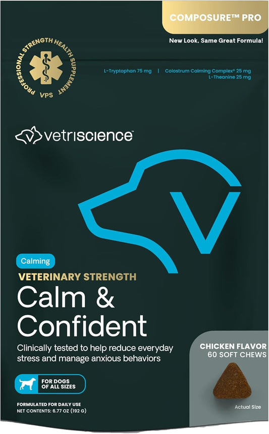 Vetriscience Veterinary Strength Calm & Confident Chews - Stress Supplement for Pets - Supports Brain Function for Cats & Dogs - with L-Theanine, Thiamine & More - 60 Count