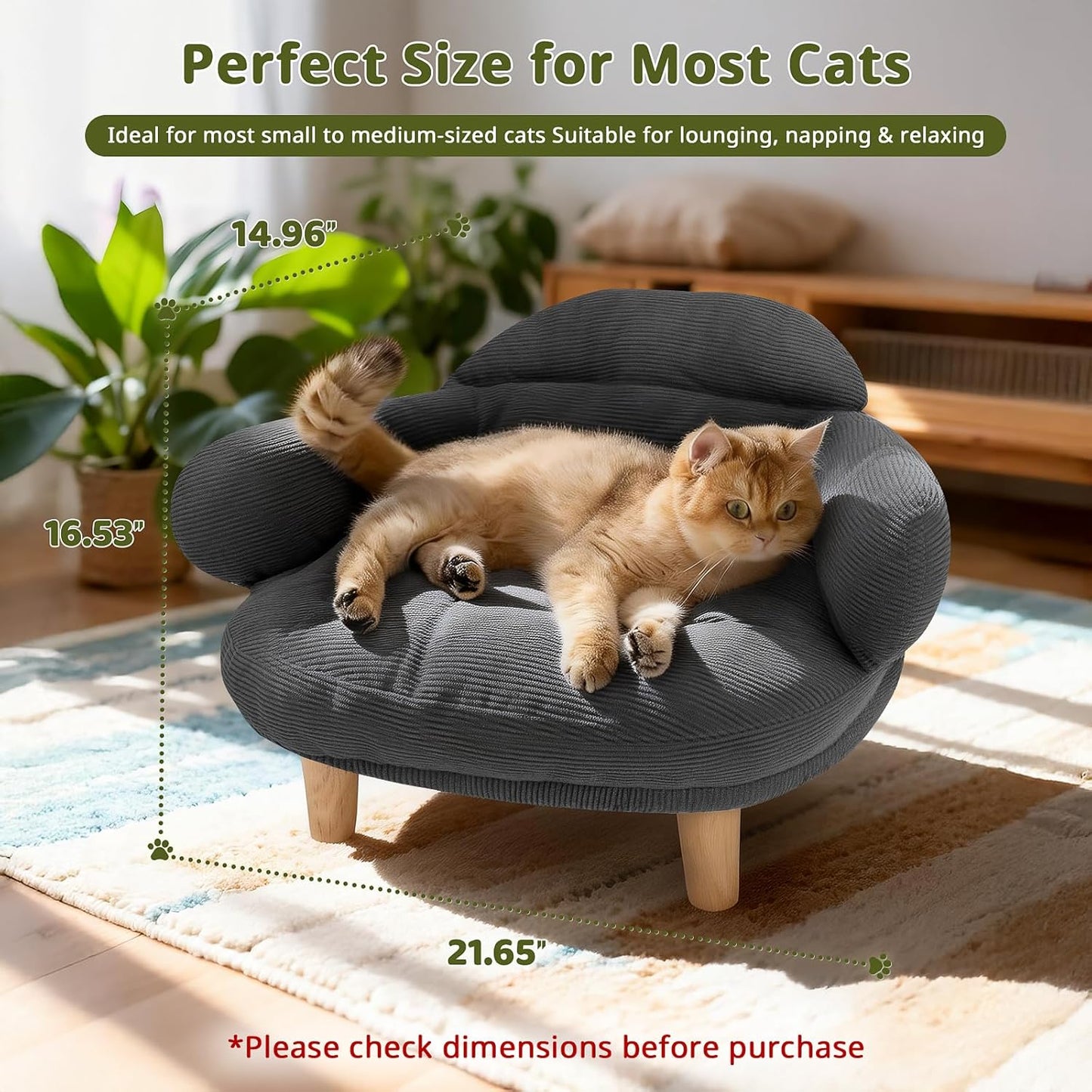 Cat Sofa Furniture-Style Pet Bed with Removable Cotton Velvet Cover, Solid Pine Wood Legs, for Cats and Small Dogs, Gray