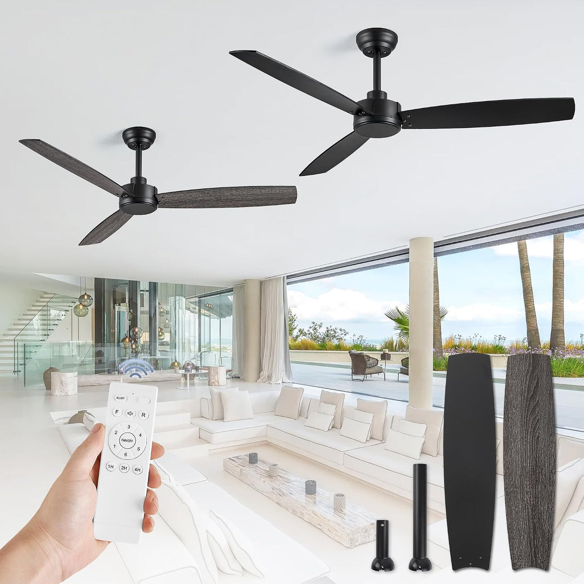 ZMISHIBO 2 Pack 52 Inch Black Ceiling Fans No Light with Remote, 6 Speeds