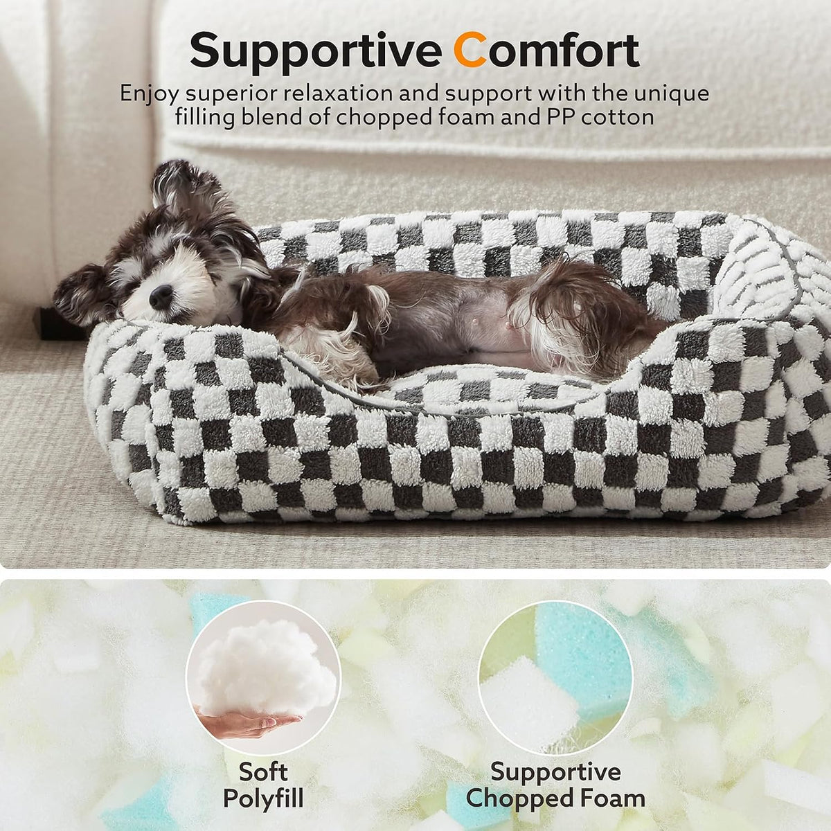 JOEJOY Dog Bed for Medium Small Dogs - Rectangle Orthopedic Dog Sofa Bed, Cute Modern Puppy Bed with Jacquard Shaggy Plush & anti Slip Bottom, 25X21X8Inches, Grey