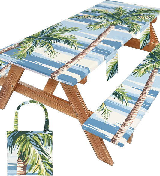 Picnic Table Cover with Bench Covers Waterproof Elastic Rectangle Reusable Folding Tablecloth Manteles Mantelería Camping Essentials Rv Car Travel Supplies Table Cloth Outdoor Road Trip Camper Gifts