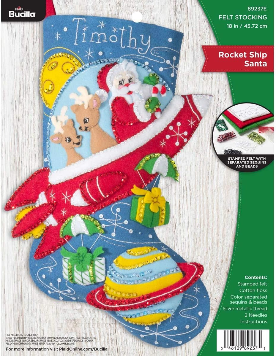 Bucilla 89237E Felt Applique Christmas Stocking Kit, Rocket Ship Santa, 18"
