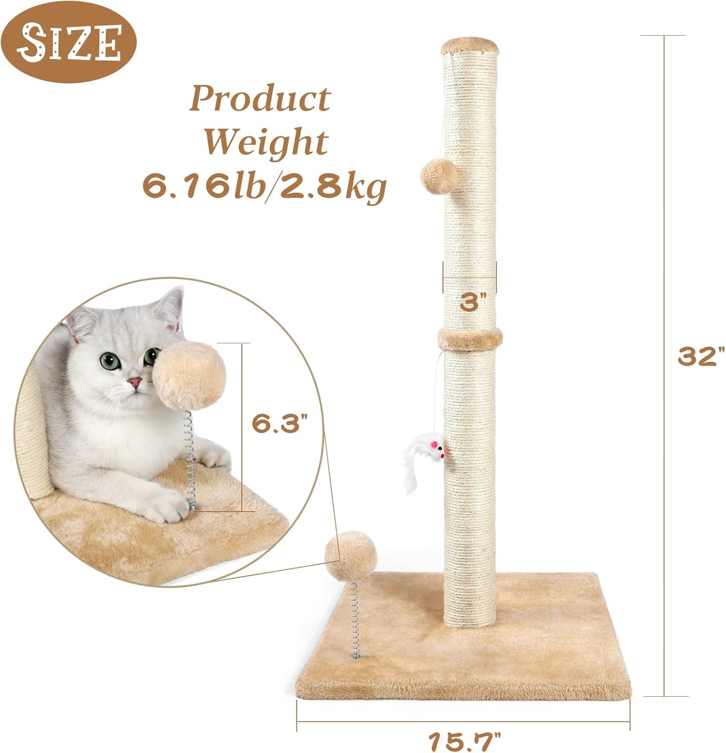 ANWA 32" Tall Cat Scratching Posts for Indoor Cats, 3-In-1 Vertical Cat Scratching Post with Plush Toys, Premium Sisal Post for Cats at All Ages with Reinforced Stable Base, Beige