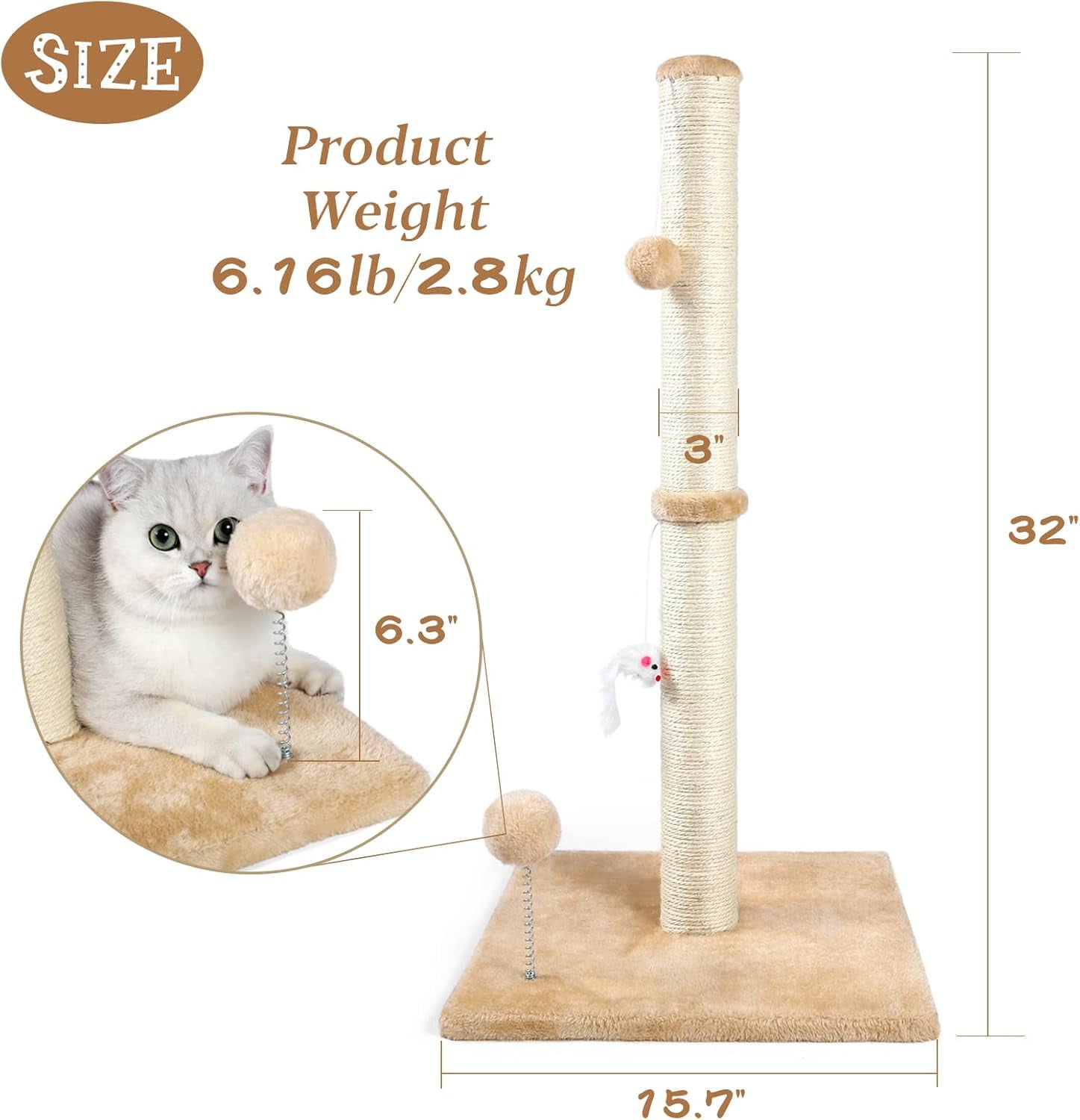 ANWA 32" Tall Cat Scratching Posts for Indoor Cats, 3-In-1 Vertical Cat Scratching Post with Plush Toys, Premium Sisal Post for Cats at All Ages with Reinforced Stable Base, Beige