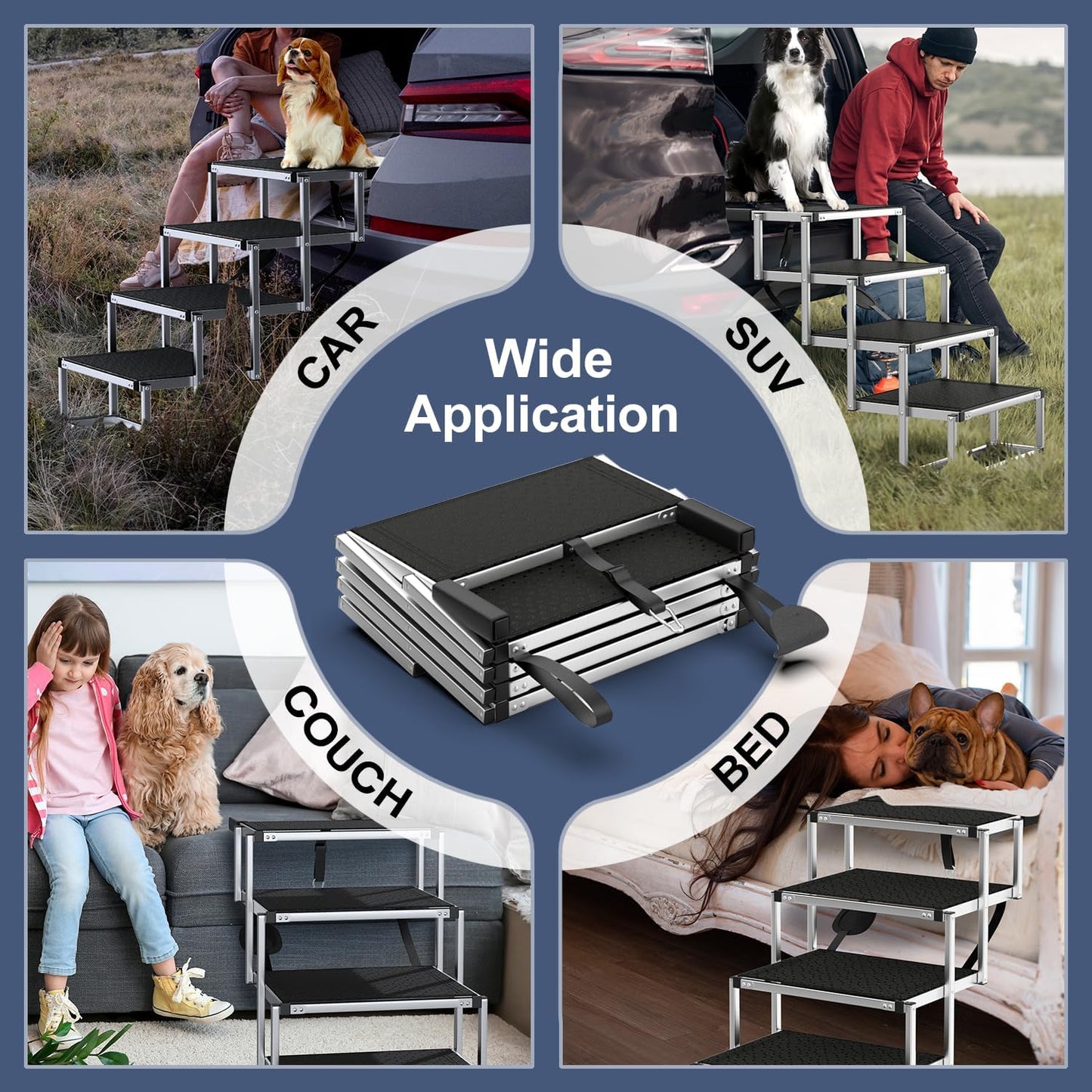 Extra Wide Dog Stairs for Large Dogs, Foldable Dog Ramp for Car with Non-Slip Surface, Dogs Stairs for Cars, High Beds, Truck, Supports up to 250 Lbs, 4 Steps