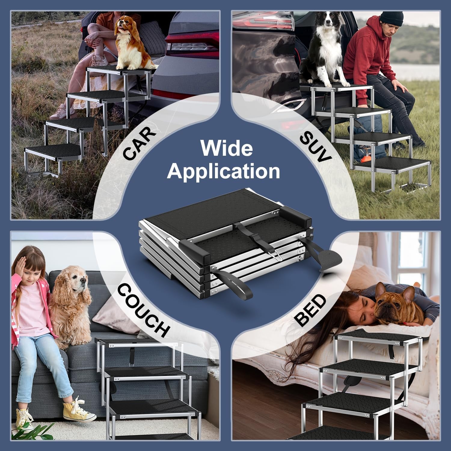 Extra Wide Dog Stairs for Large Dogs, Foldable Dog Ramp for Car with Non-Slip Surface, Dogs Stairs for Cars, High Beds, Truck, Supports up to 250 Lbs, 4 Steps