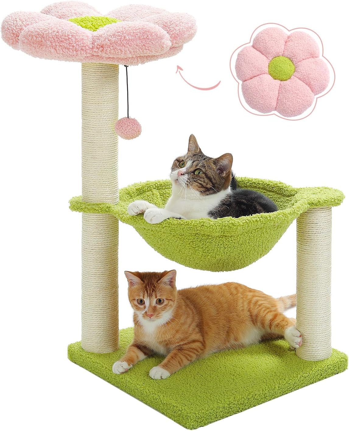 MUTTROS 28" Flower Cat Tree with Hammock & Sisal Post for Kittens, Pink