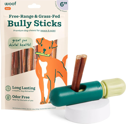 WOOF Bullysafe and Bully Sticks - Nutritious Chew Sticks for Dogs and Bully Stick Holder for Safe, Long-Lasting Play - No More Swallowed Ends - 6" Sticks - 5 Pack