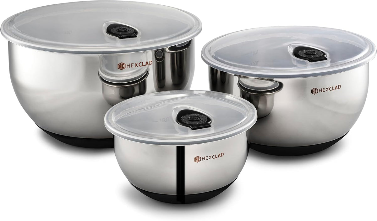 Hexclad 3 Piece Stainless Steel Mixing Bowl Set with Vacuum Seal Lids