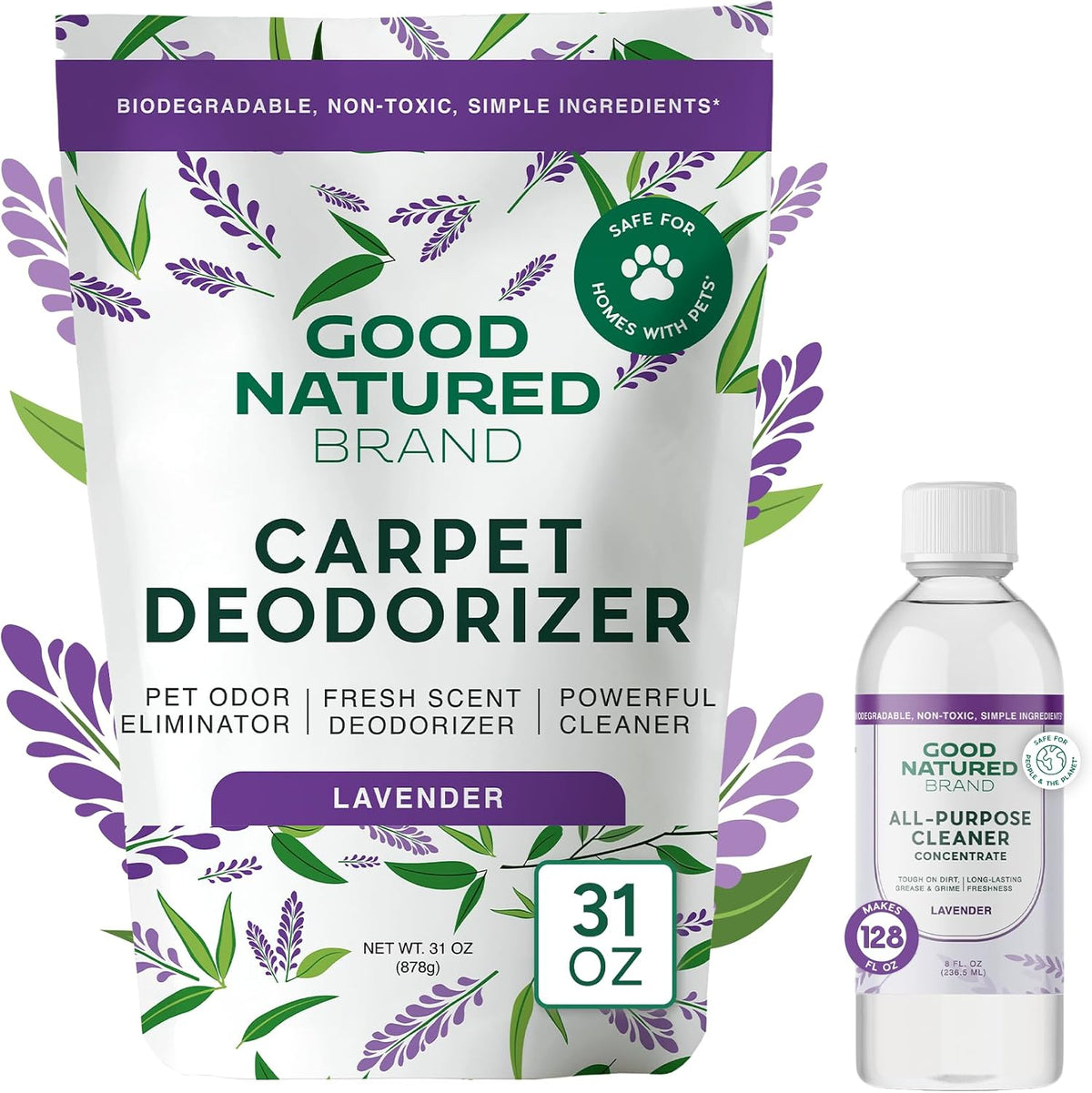 Good Natured Brand | Carpet Deodorizer 31 Oz Lavender & All-Purpose Cleaner Concentrate 8 Oz Lavender