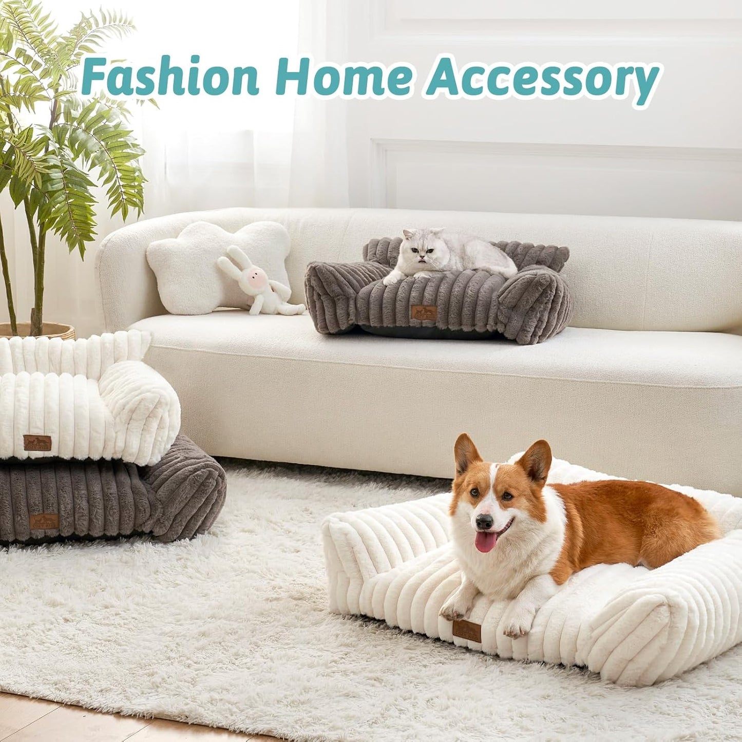COZY KISS Cute Cat Couch, Fluffy Sofa Bed for Cats and Small Dogs, Premium Faux Rabbit Fur Cats Beds for Indoor Cat, Ultra-Soft Supportive Pet Couch Furniture (Grey, M: 31.5''X23.5'')